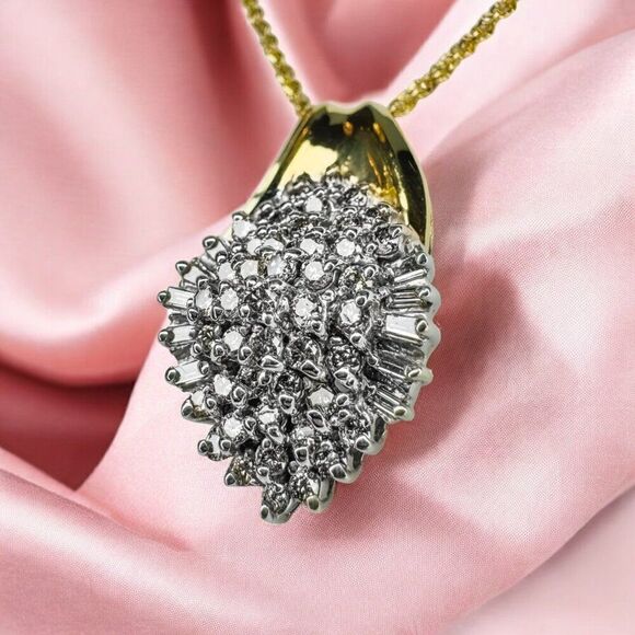 VINTAGE- 14K Gold- 2CT Natural Diamond Necklace -17"-Cluster Round Baguette-2.5g - Picture 11 of 16